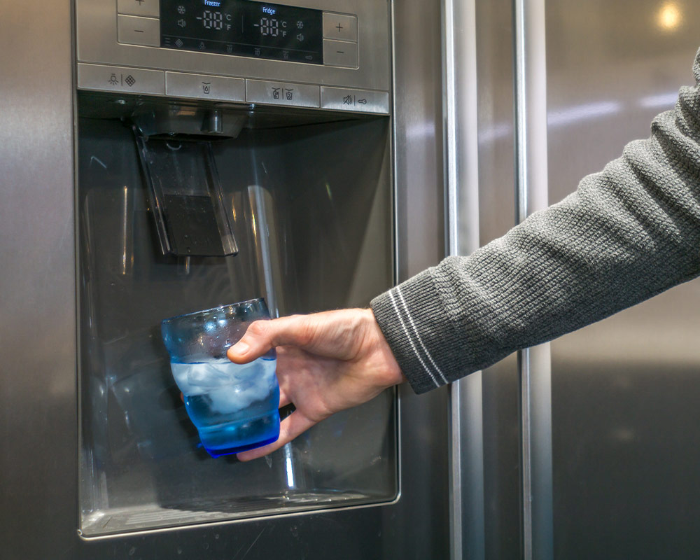 person getting water from dispenser on door of refrigerator grants pass o